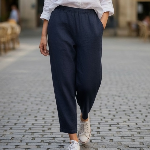 Flax Pants - Flax Brand Wide-Leg Navy Linen Pants
